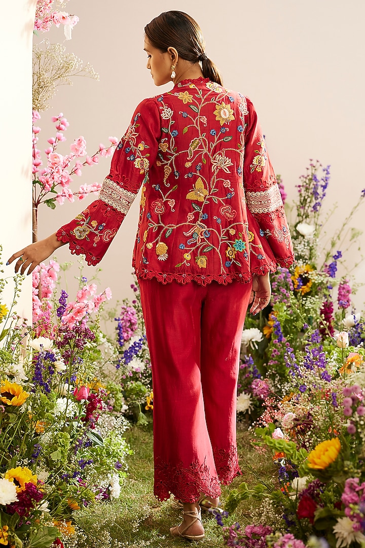 Red Chanderi Embroidered Jacket by Chandrima at Pernia's Pop Up Shop