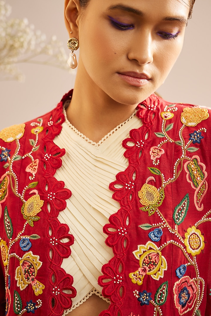 Red Chanderi Embroidered Jacket by Chandrima at Pernia's Pop Up Shop