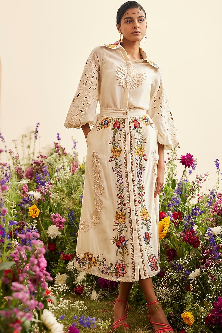 Ivory Chanderi Embroidered Skirt by Chandrima at Pernia's Pop Up Shop