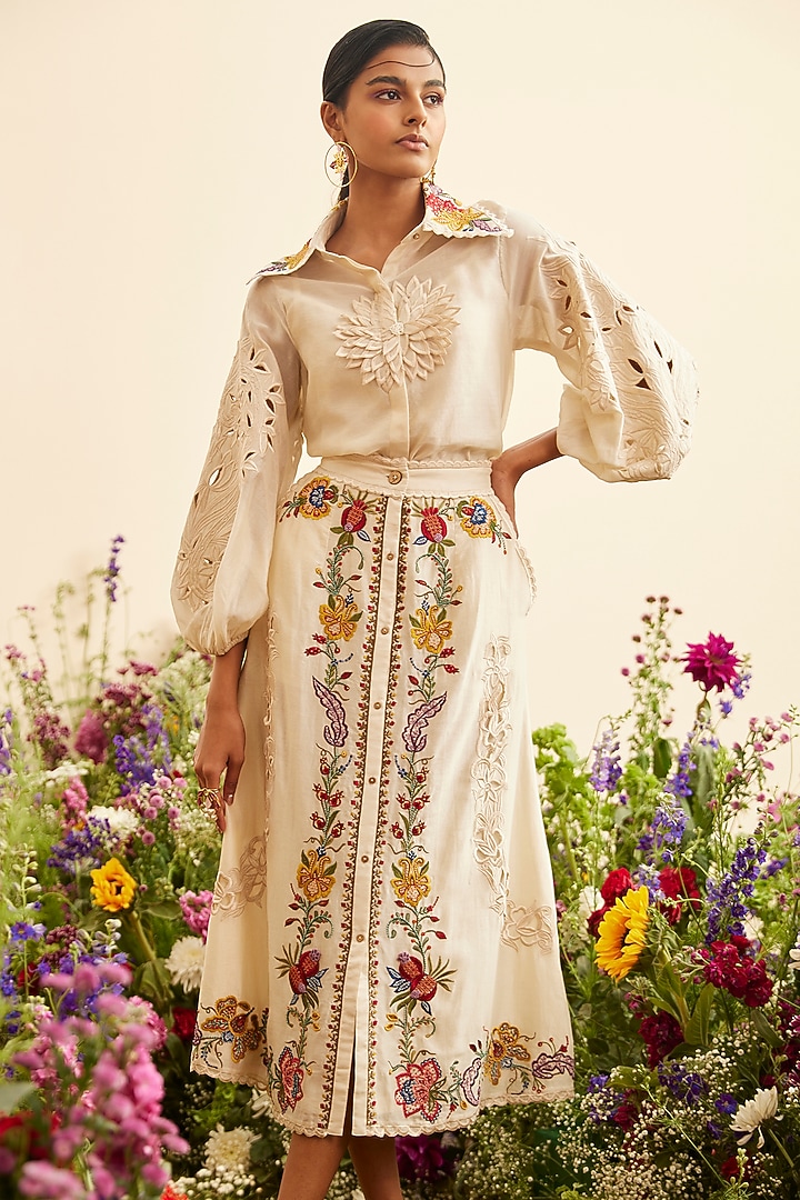Ivory Chanderi Embroidered Skirt by Chandrima at Pernia's Pop Up Shop