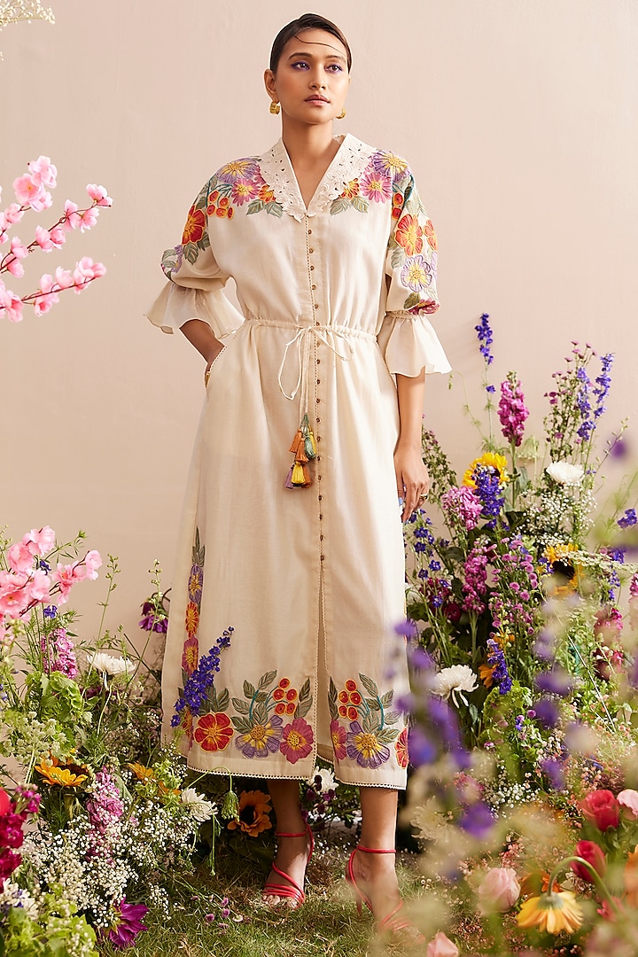 Ivory Chanderi Embroidered Kimono Shirt Dress by Chandrima at Pernia's Pop Up Shop