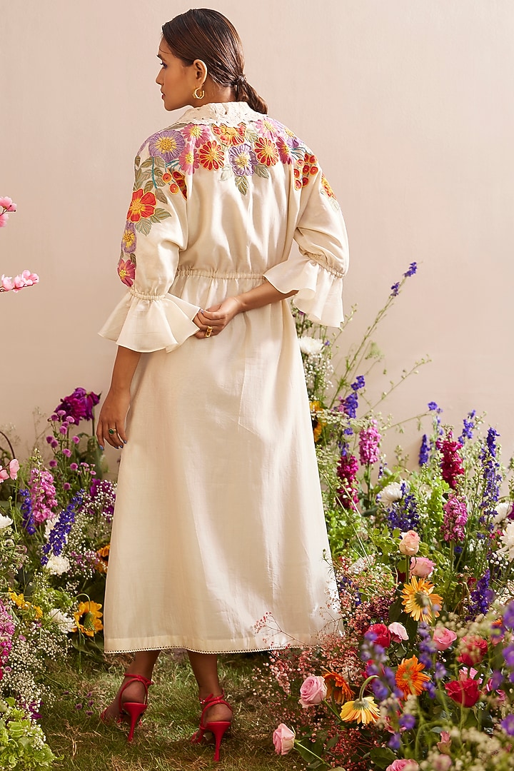 Ivory Chanderi Embroidered Kimono Cocktail Shirt Dress by Chandrima at Pernia's Pop Up Shop