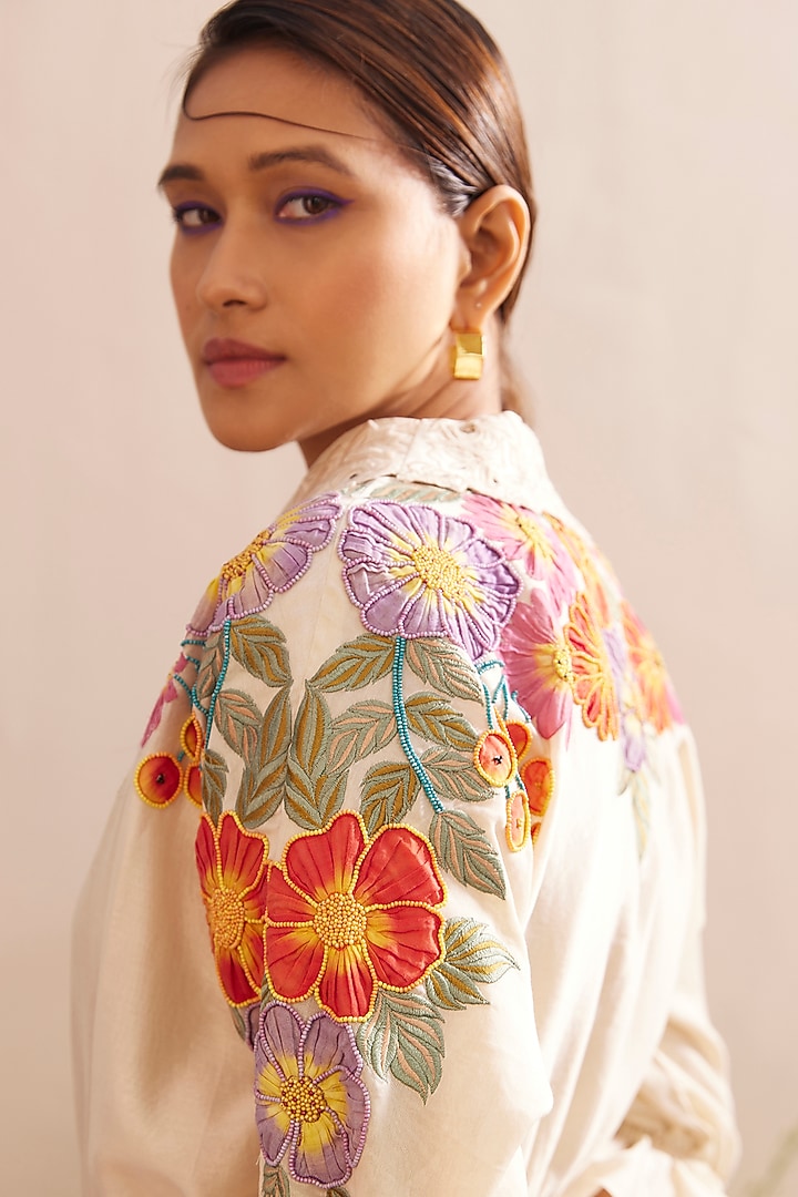 Ivory Chanderi Embroidered Kimono Cocktail Shirt Dress by Chandrima at Pernia's Pop Up Shop