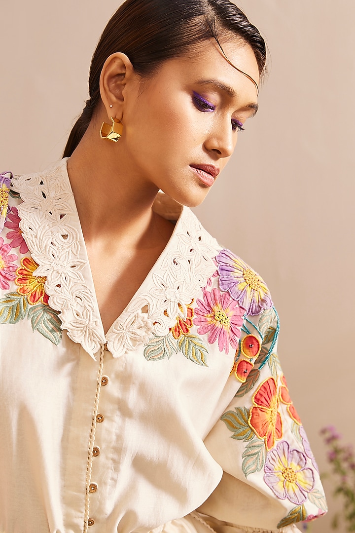 Ivory Chanderi Embroidered Kimono Cocktail Shirt Dress by Chandrima at Pernia's Pop Up Shop