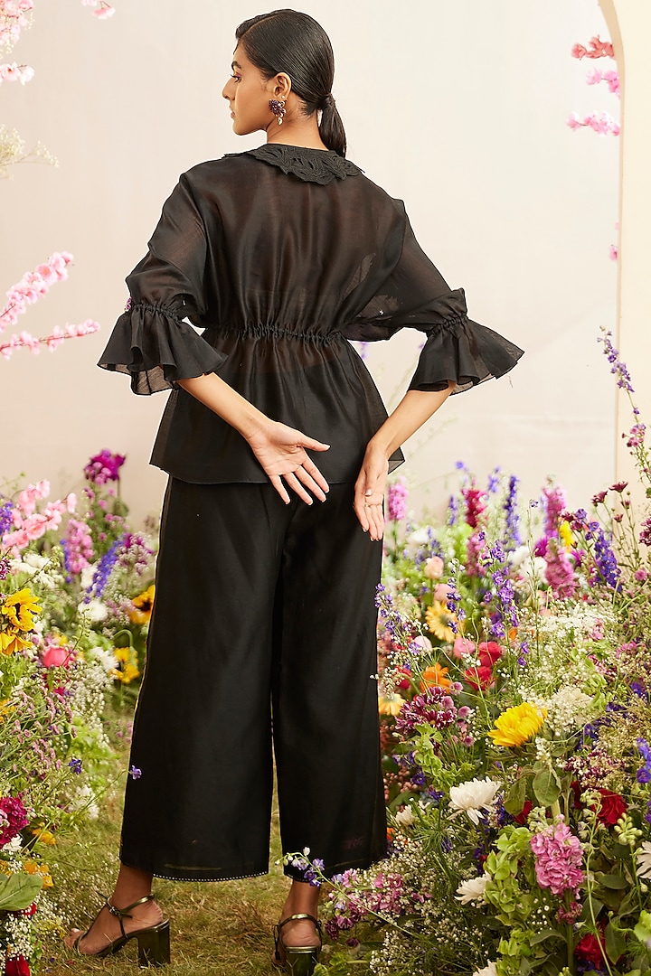 Black Chanderi Embroidered Kimono Shirt by Chandrima at Pernia's Pop Up Shop