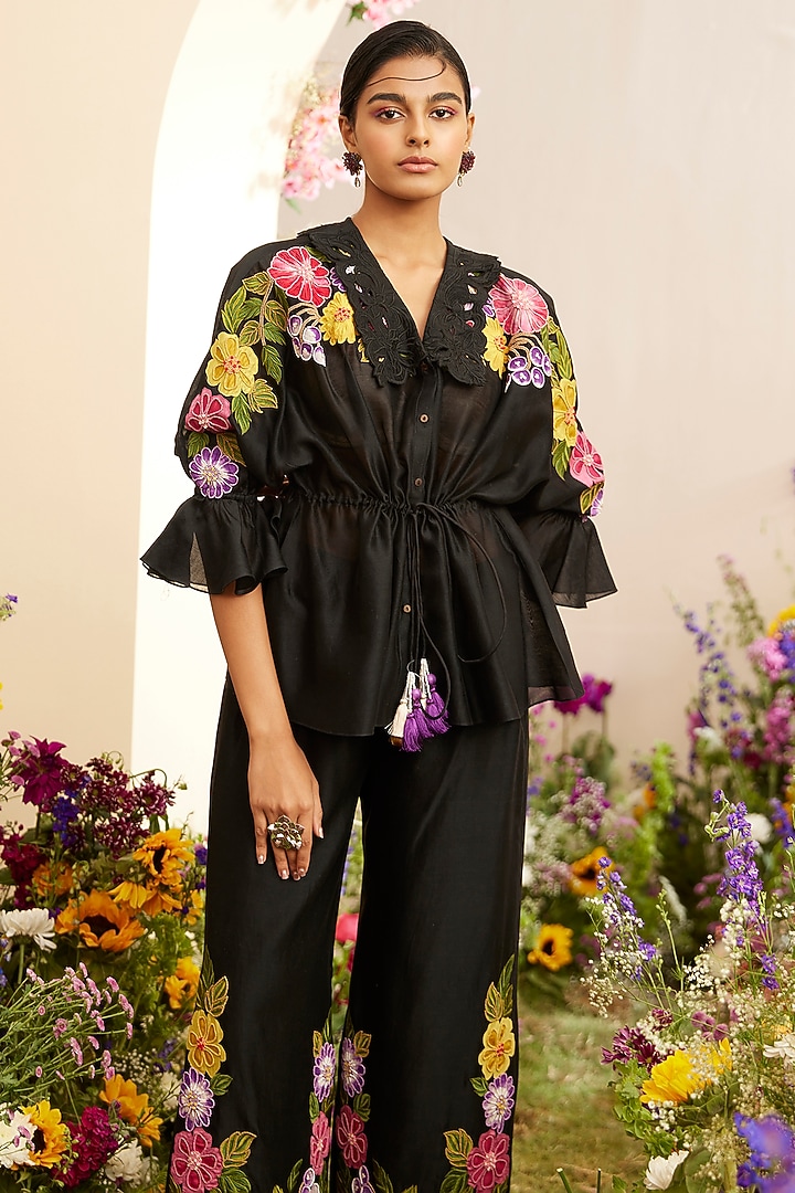Black Chanderi Embroidered Kimono Shirt by Chandrima at Pernia's Pop Up Shop