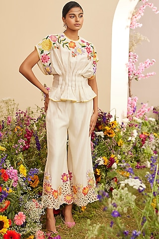 Ivory  Chanderi Embroidered Pleated Top by chandrima-MORE FROM Chandrima