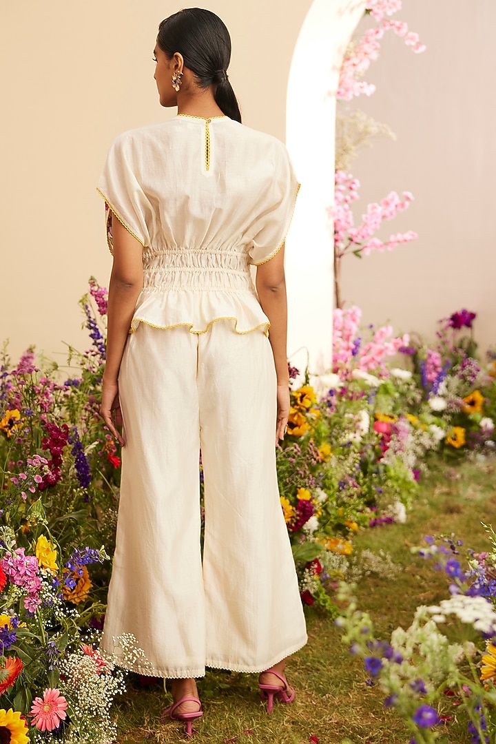 Ivory Chanderi Embroidered Pleated Top by Chandrima at Pernia's Pop Up Shop