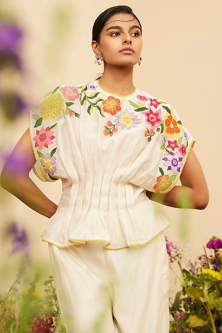 Ivory Chanderi Embroidered Pleated Top by Chandrima at Pernia's Pop Up Shop