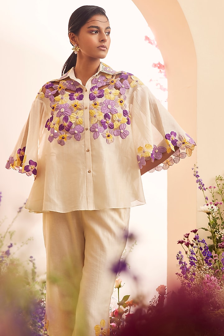 Ivory Chanderi Embroidered Shirt by Chandrima at Pernia's Pop Up Shop