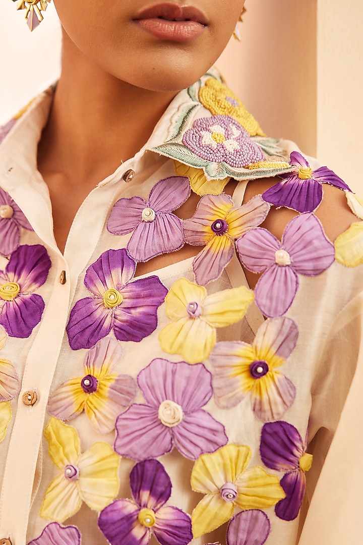 Ivory Chanderi Embroidered Shirt by Chandrima at Pernia's Pop Up Shop