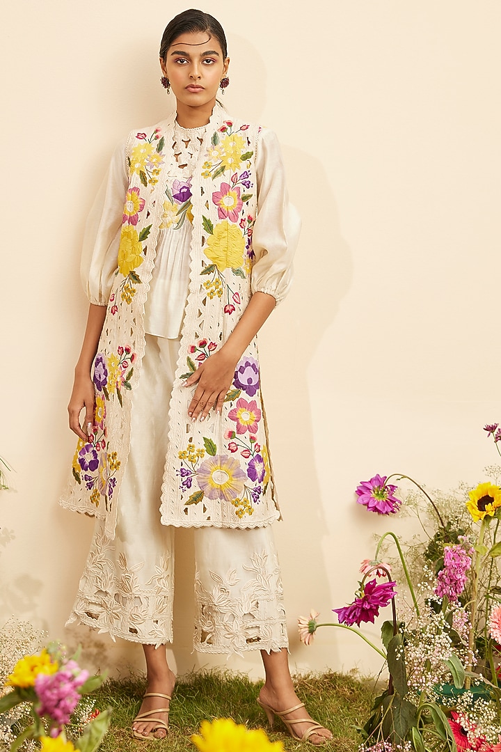 Ivory Kala Cotton Embroidered Long Jacket by Chandrima at Pernia's Pop Up Shop