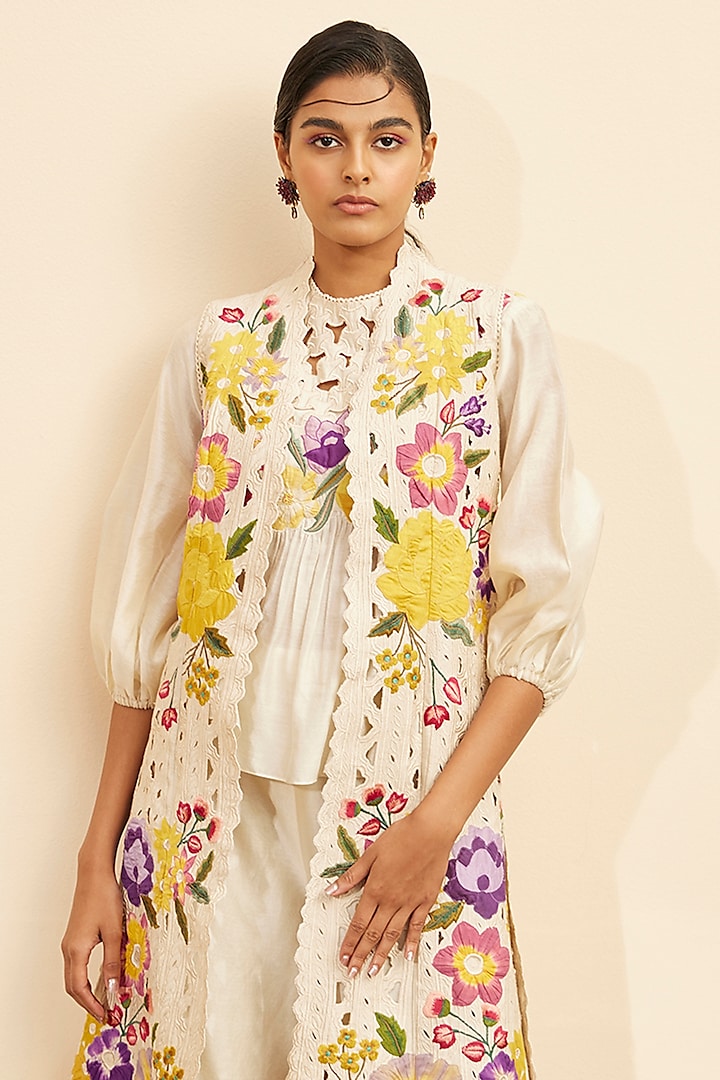 Ivory Kala Cotton Embroidered Long Jacket by Chandrima