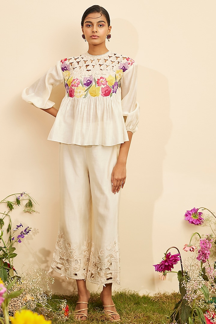 Ivory Chanderi Embroidered Top by Chandrima