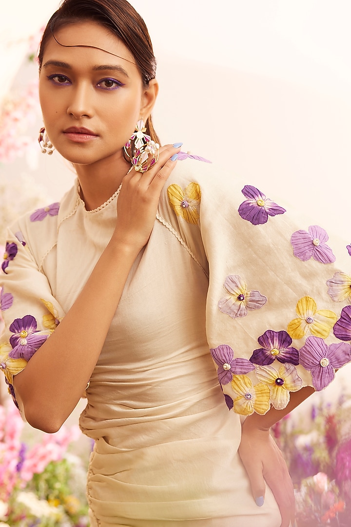 Ivory Chanderi Embroidered Gathered Cocktail Dress by Chandrima at Pernia's Pop Up Shop