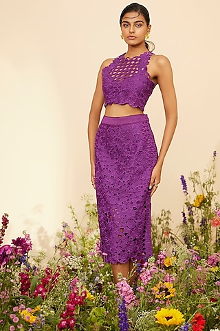 Purple Chanderi Cutwork Cropped Top by Chandrima