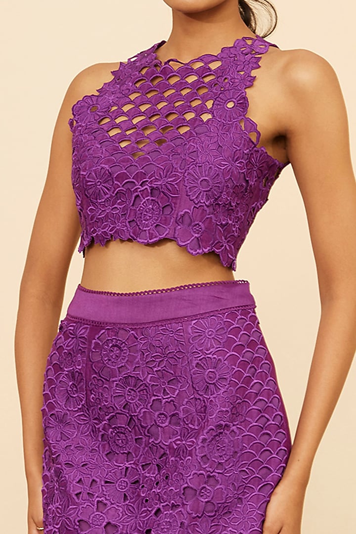 Purple Chanderi Cutwork Cropped Top by Chandrima at Pernia's Pop Up Shop