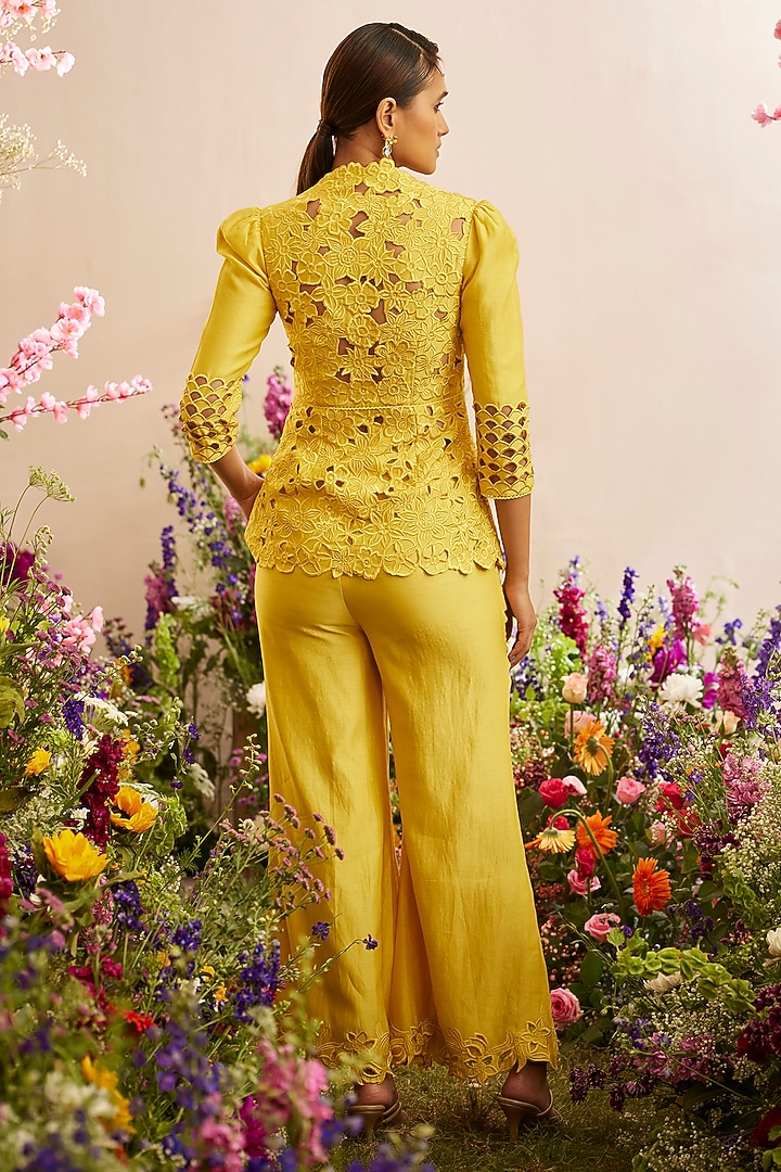 Yellow Chanderi Cutwork Jacket by Chandrima at Pernia's Pop Up Shop