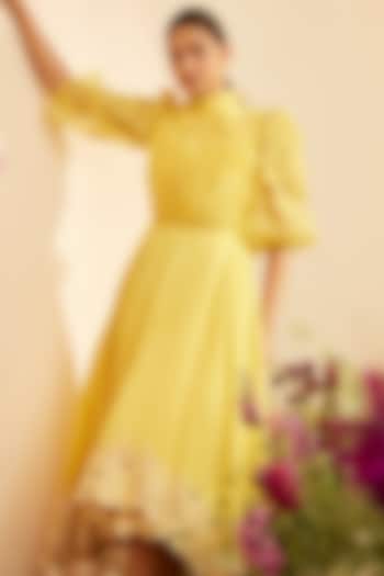 Yellow Chanderi Embroidered Ruched Dress by Chandrima