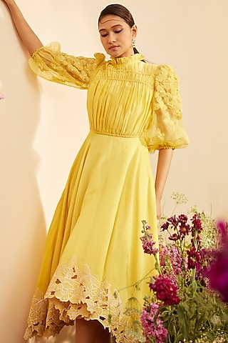 Yellow Chanderi Embroidered Ruched Dress by Chandrima