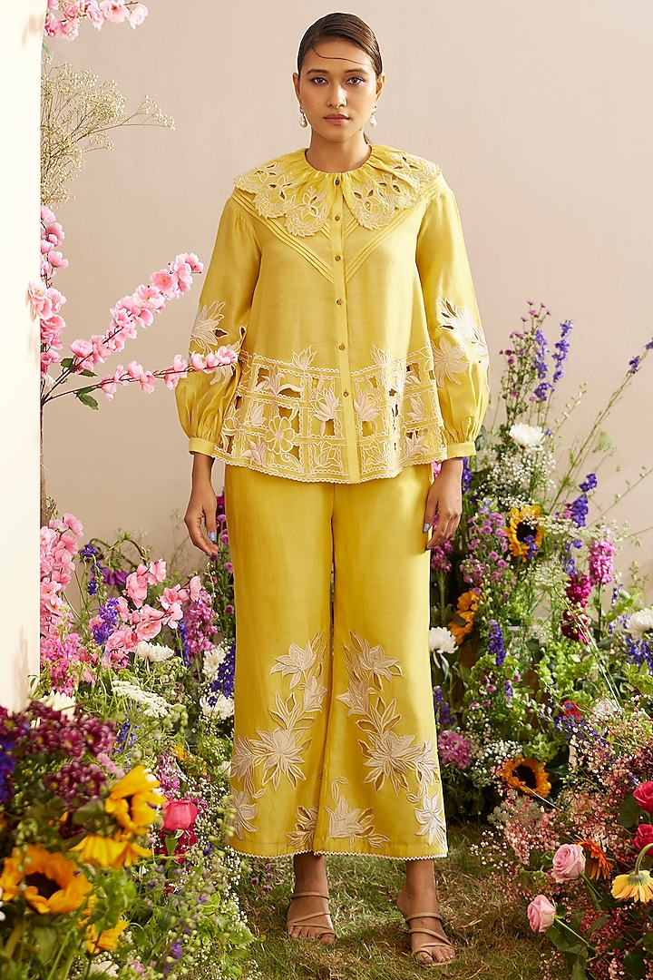 Yellow Chanderi Embroidered Shirt by Chandrima