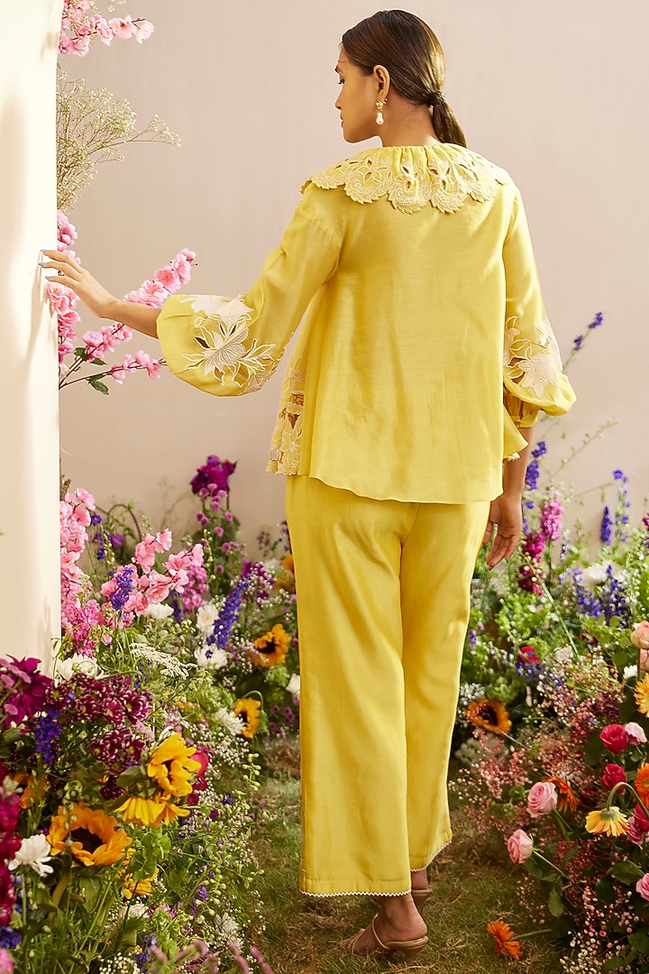 Yellow Chanderi Embroidered Shirt by Chandrima at Pernia's Pop Up Shop