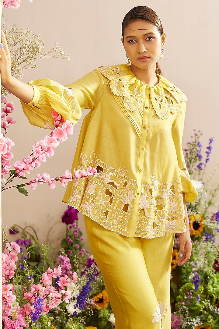 Yellow Chanderi Embroidered Shirt by Chandrima at Pernia's Pop Up Shop