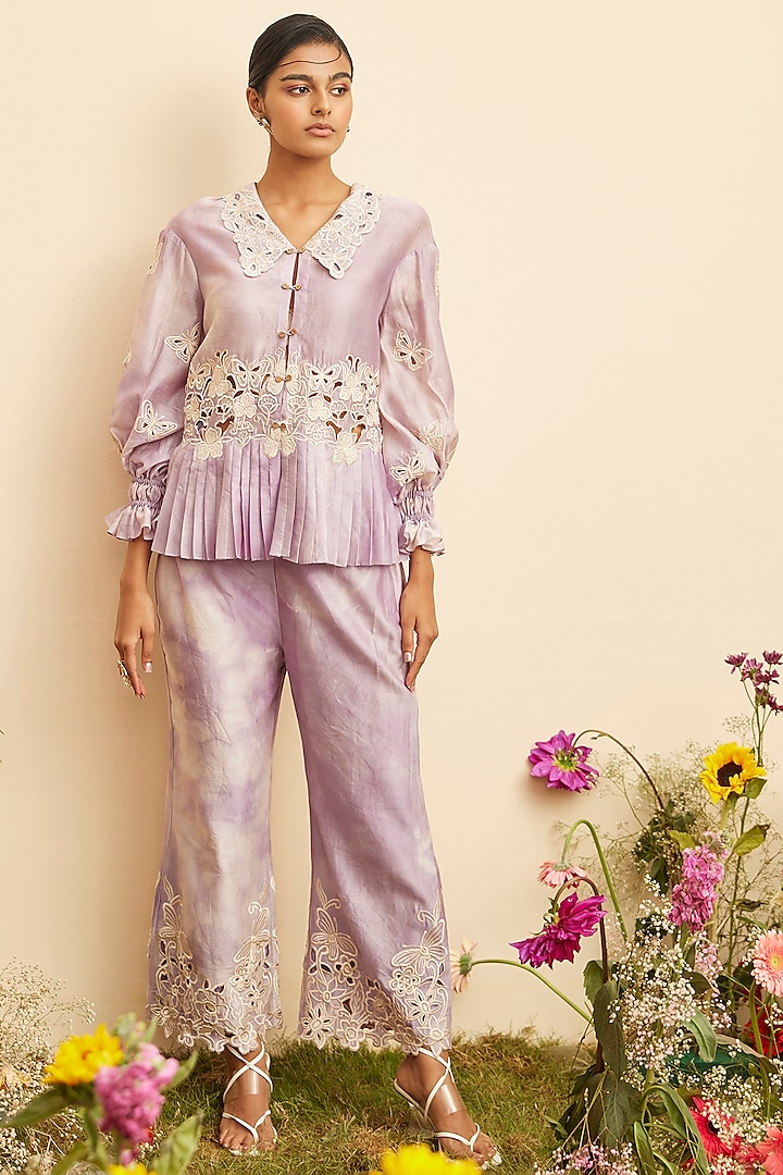 Lilac Chanderi Embroidered & Printed Shirt by Chandrima