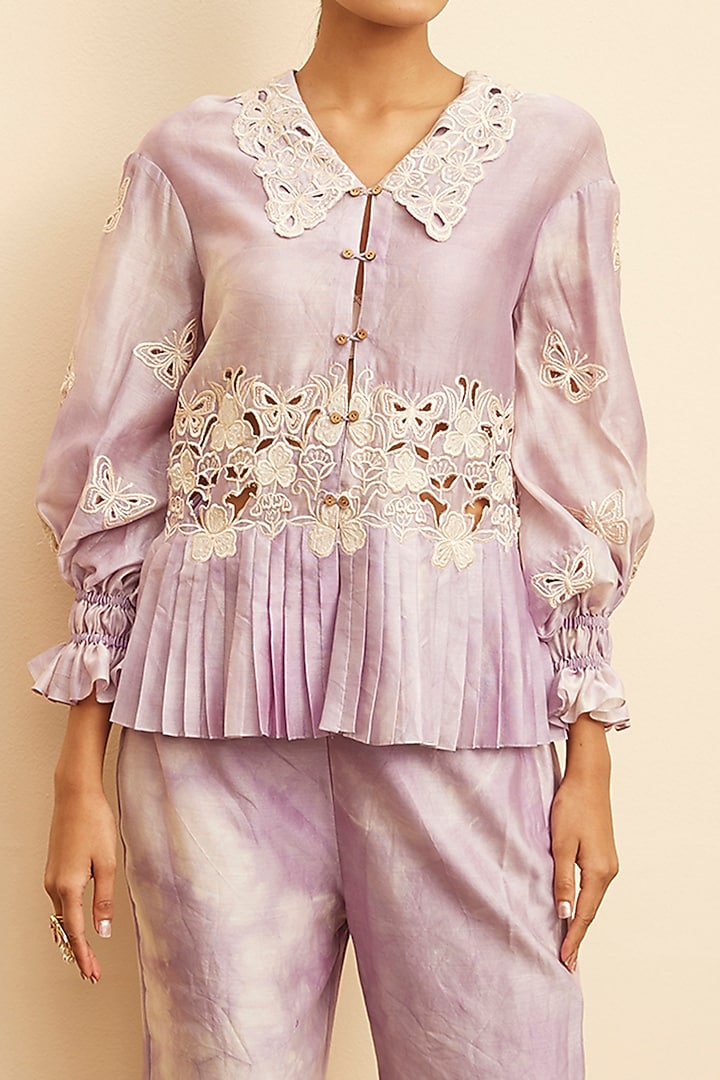 Lilac Chanderi Embroidered & Printed Shirt by Chandrima at Pernia's Pop Up Shop