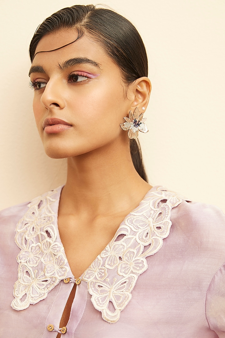 Lilac Chanderi Embroidered & Printed Shirt by Chandrima at Pernia's Pop Up Shop