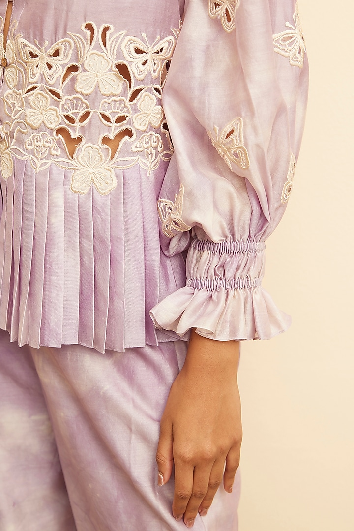 Lilac Chanderi Embroidered & Printed Shirt by Chandrima at Pernia's Pop Up Shop