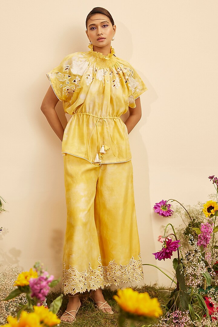 Yellow Chanderi Embroidered Smocked Top by Chandrima