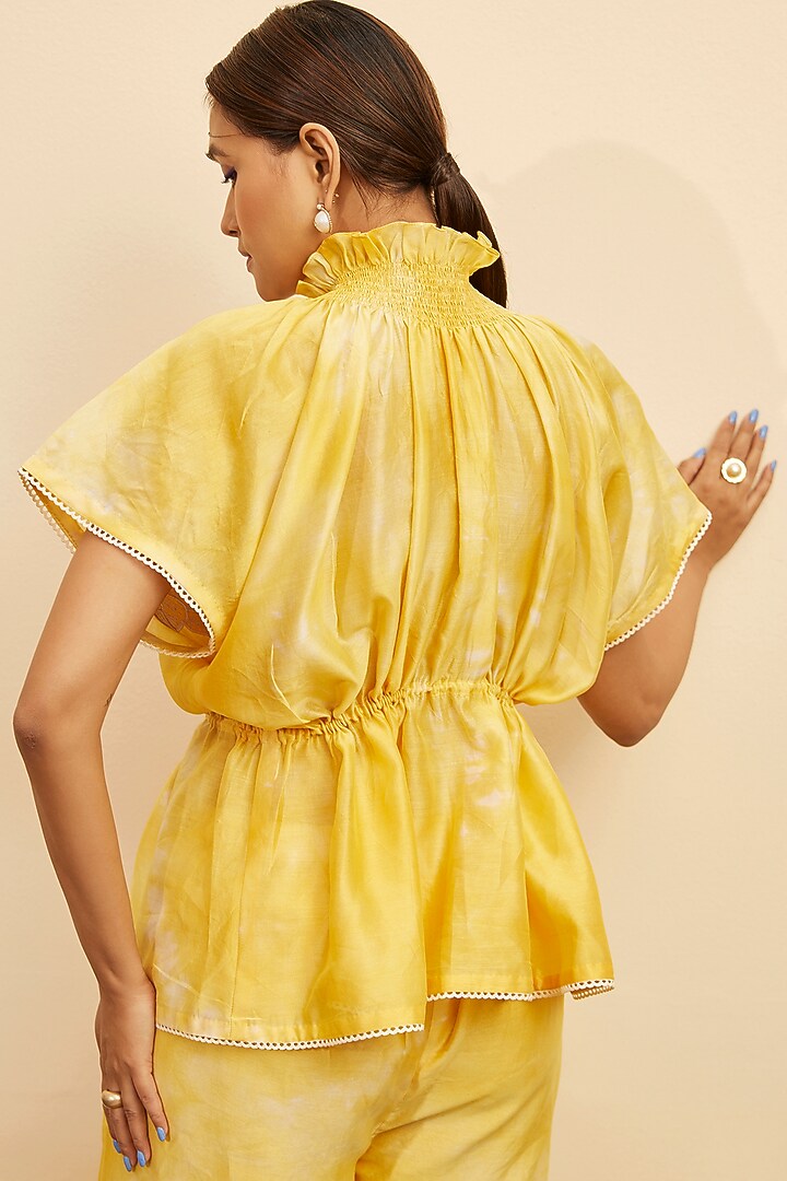 Yellow Chanderi Embroidered Smocked Top by Chandrima at Pernia's Pop Up Shop