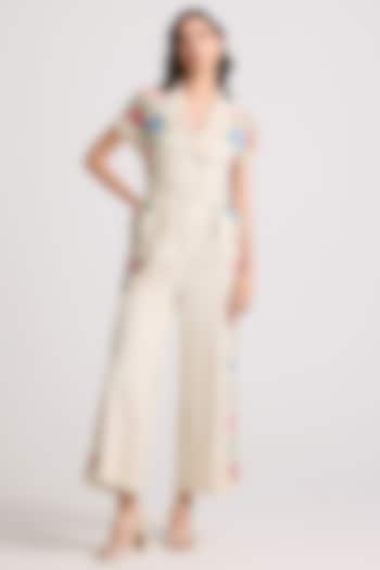 Ivory Cotton Twill Floral Applique & Beaded Work Jumpsuit by Chandrima