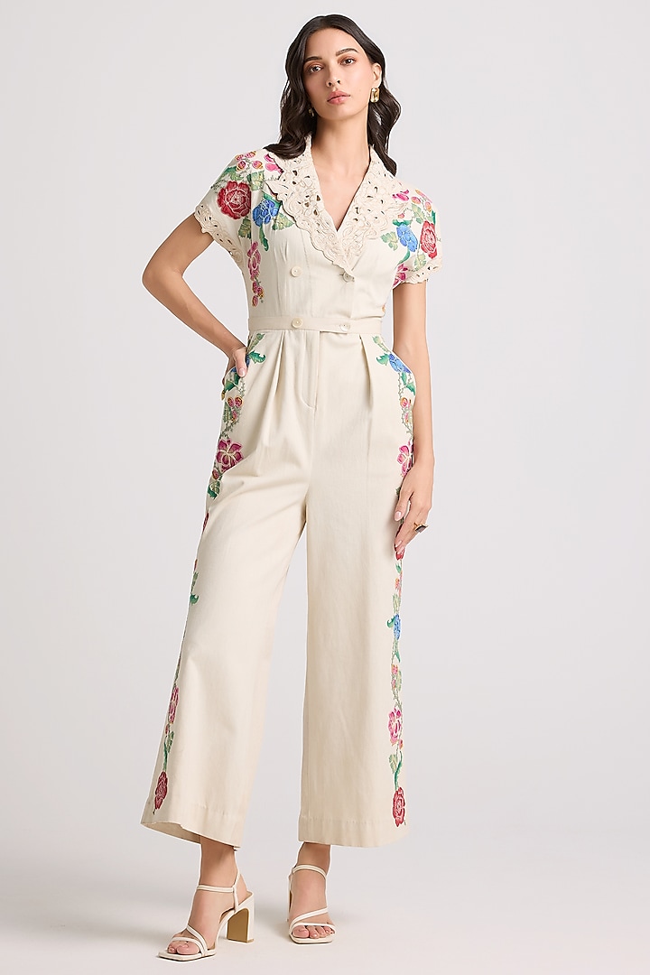 Ivory Cotton Twill Floral Applique & Beaded Work Jumpsuit by Chandrima