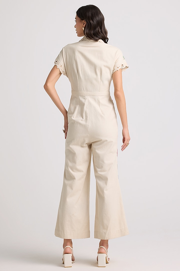 Ivory Cotton Twill Floral Applique & Beaded Work Jumpsuit by Chandrima at Pernia's Pop Up Shop