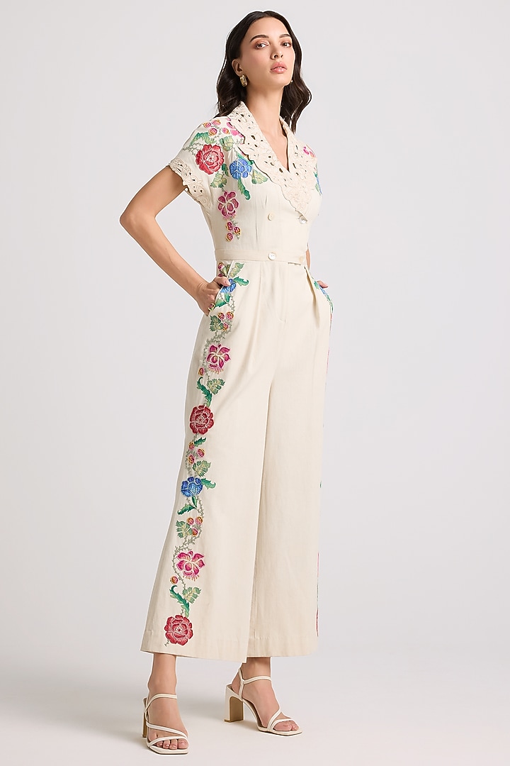 Ivory Cotton Twill Floral Applique & Beaded Work Jumpsuit by Chandrima at Pernia's Pop Up Shop