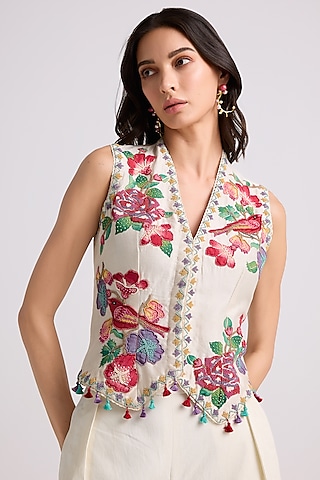 Ivory Chanderi Applique Beaded Work Waistcoat by Chandrima at Pernia's  Pop Up Shop 2025
