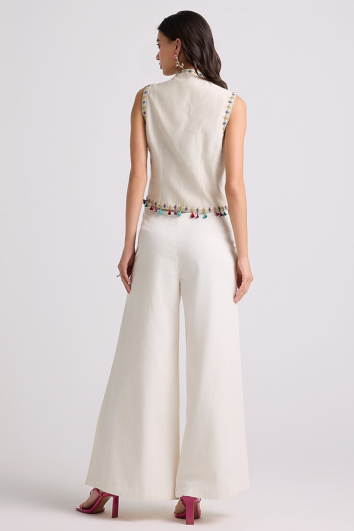 Ivory Chanderi Applique & Beaded Work Waistcoat by Chandrima at Pernia's Pop Up Shop