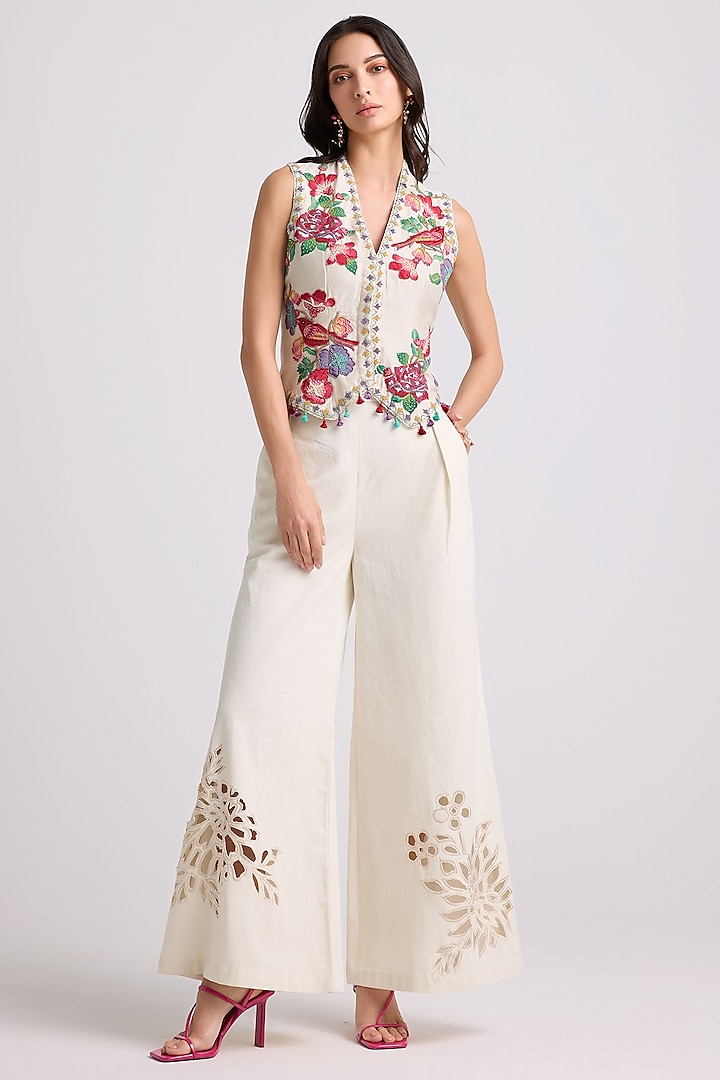 Ivory Chanderi Applique & Beaded Work Waistcoat by Chandrima at Pernia's Pop Up Shop