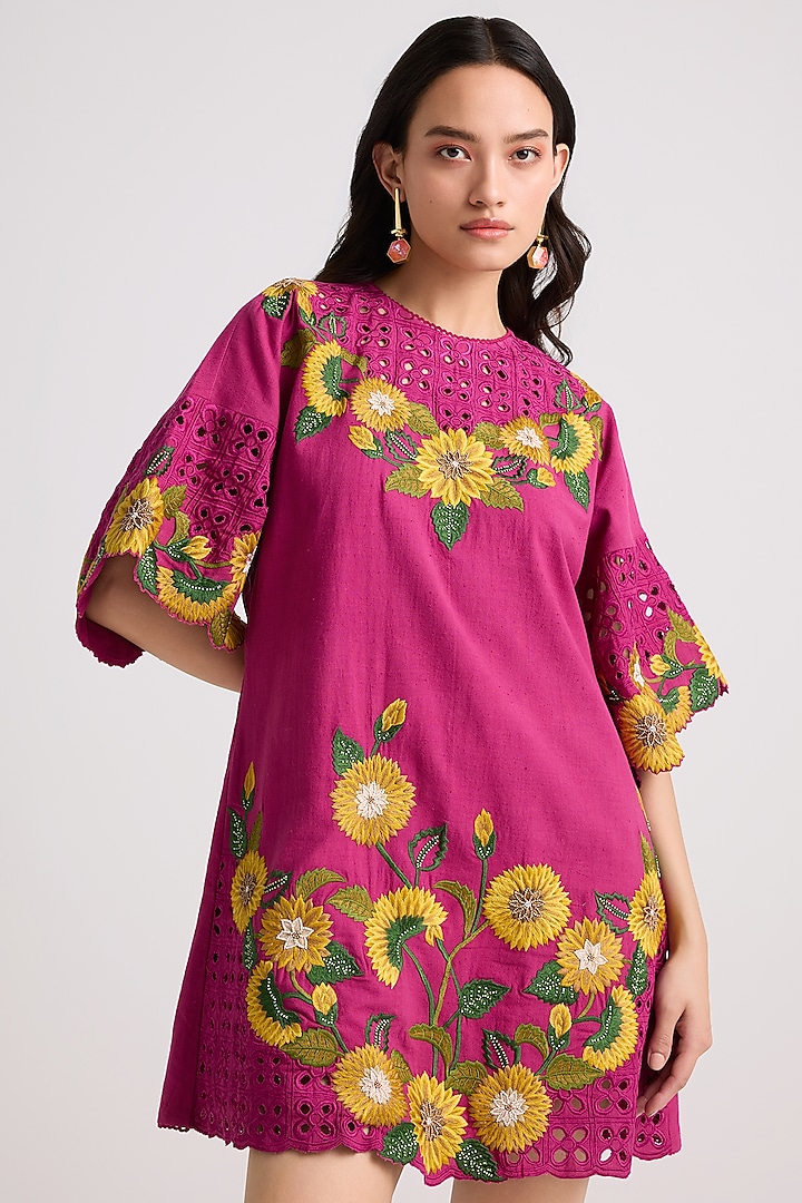 Fuchsia Kala Cotton Floral Embroidered Mini Dress by Chandrima