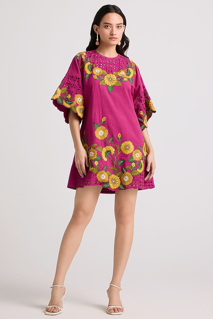 Fuchsia Kala Cotton Floral Embroidered Mini Vacation Dress by Chandrima at Pernia's Pop Up Shop