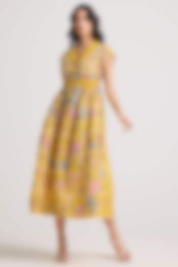 Yellow Silk Organza Threadwork Midi Shirt Dress by Chandrima