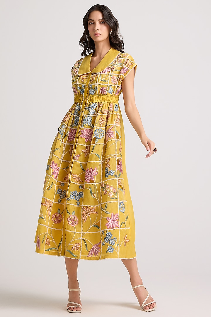 Yellow Silk Organza Threadwork Midi Shirt Dress by Chandrima