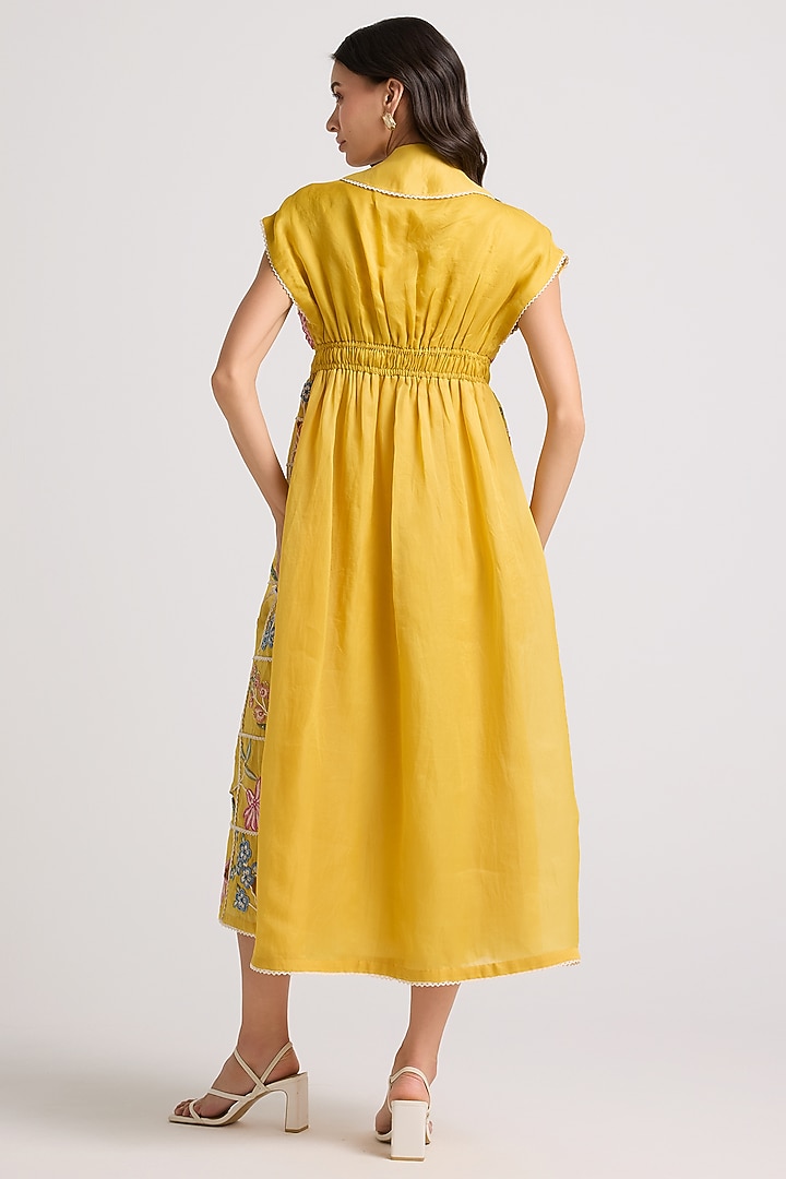 Yellow Silk Organza Threadwork Midi Cocktail Shirt Dress by Chandrima at Pernia's Pop Up Shop