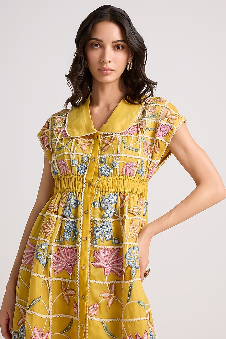 Yellow Silk Organza Threadwork Midi Cocktail Shirt Dress by Chandrima at Pernia's Pop Up Shop