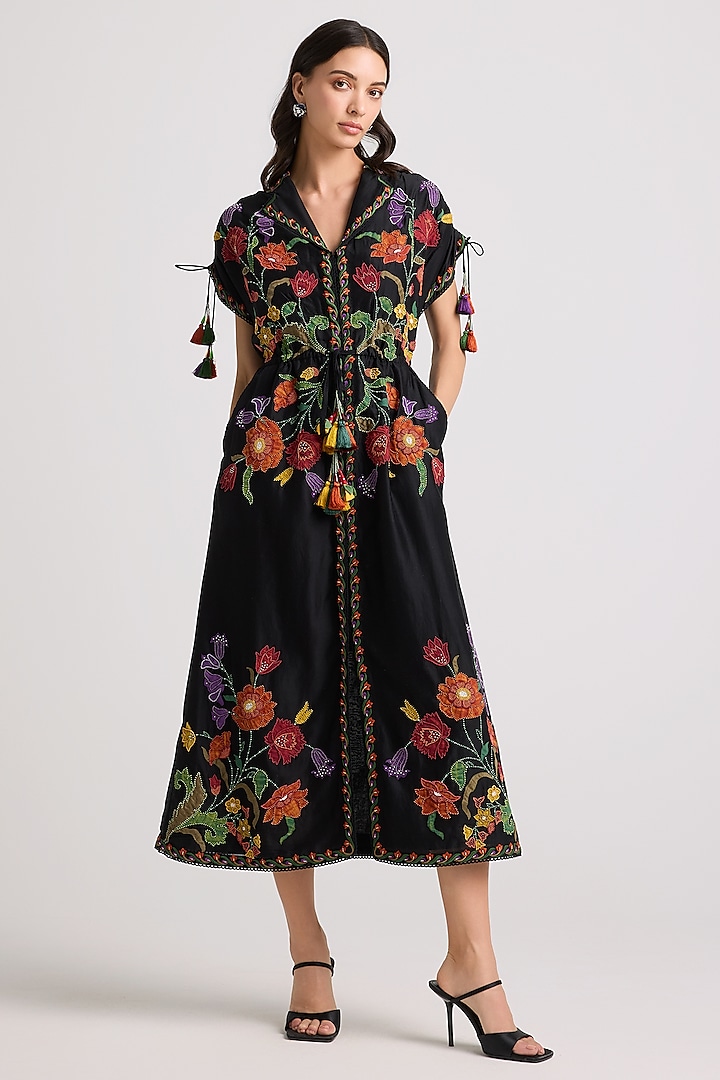 Black Chanderi Applique & Bead Work Midi Shirt Dress by Chandrima