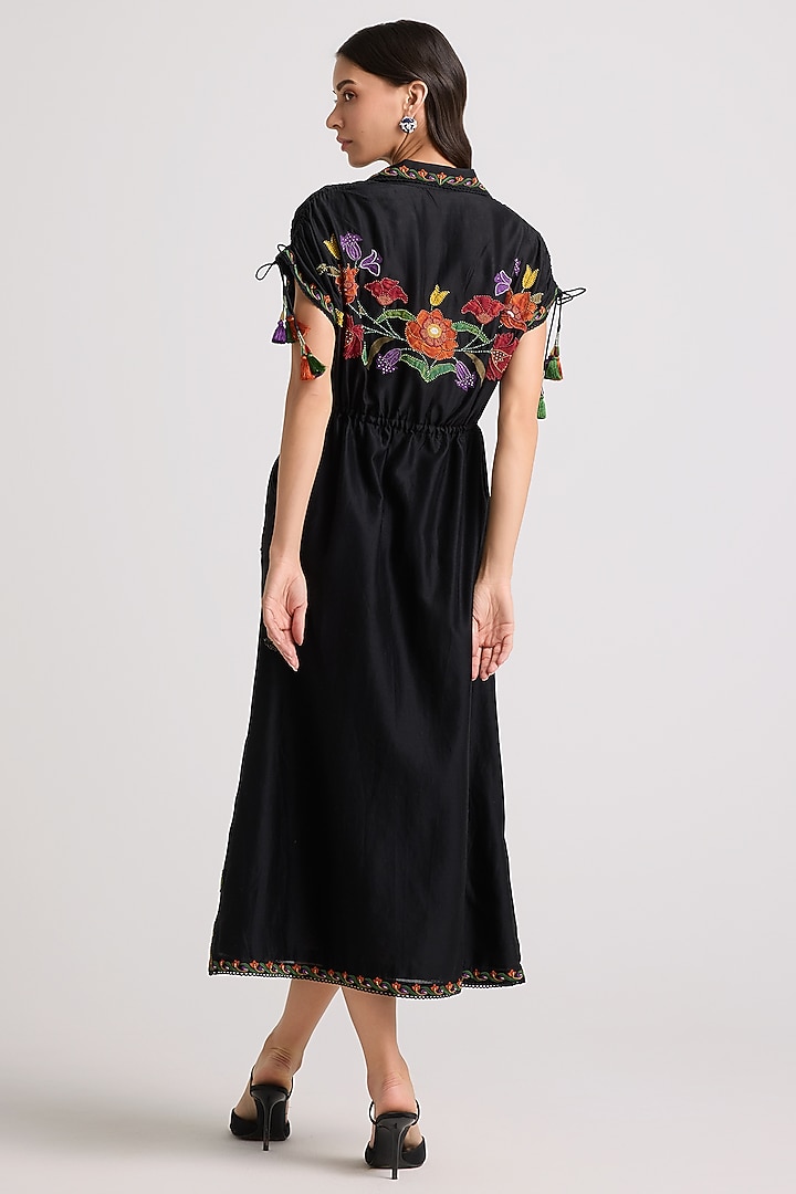 Black Chanderi Applique & Bead Work Midi Cocktail Shirt Dress by Chandrima at Pernia's Pop Up Shop