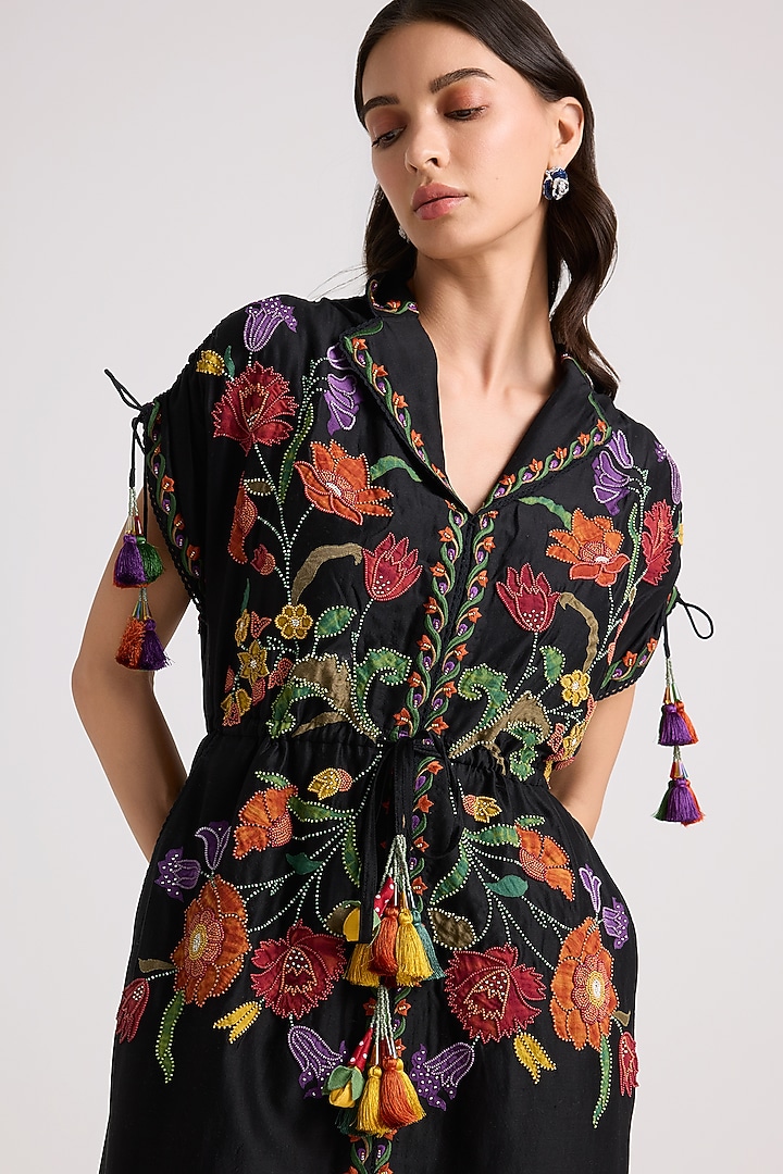 Black Chanderi Applique & Bead Work Midi Cocktail Shirt Dress by Chandrima at Pernia's Pop Up Shop