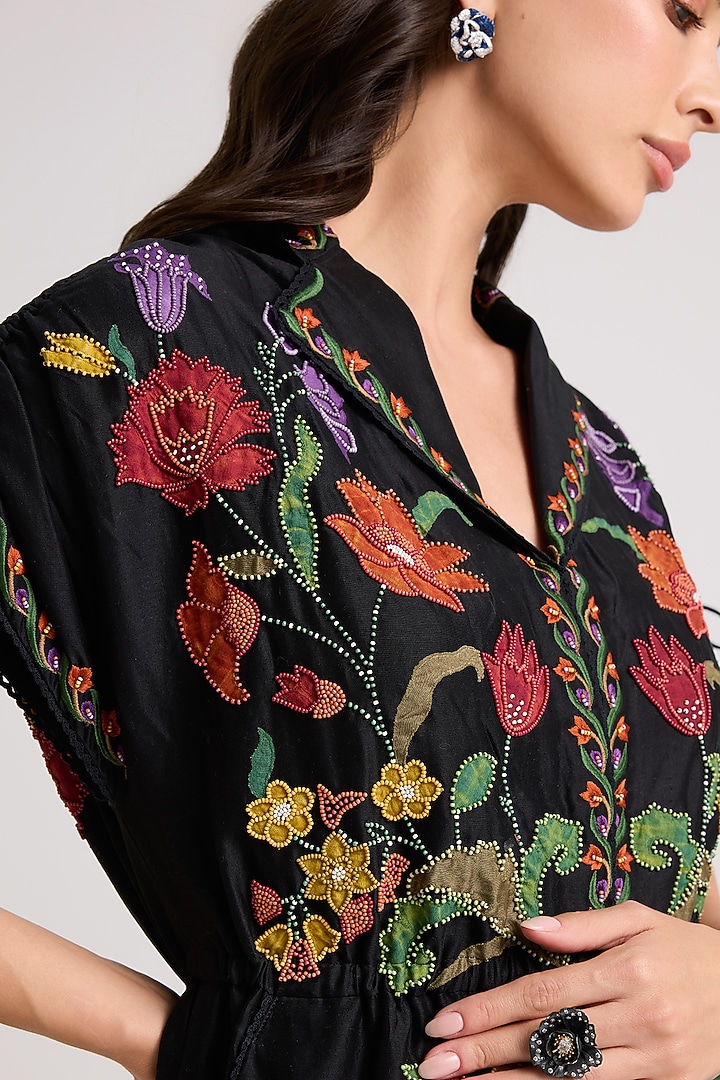 Black Chanderi Applique & Bead Work Midi Cocktail Shirt Dress by Chandrima at Pernia's Pop Up Shop